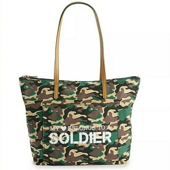 Sonoma Handbags - Sonoma Camouflage Handbag Tote My Heart Belongs to a Soldier Typography Green